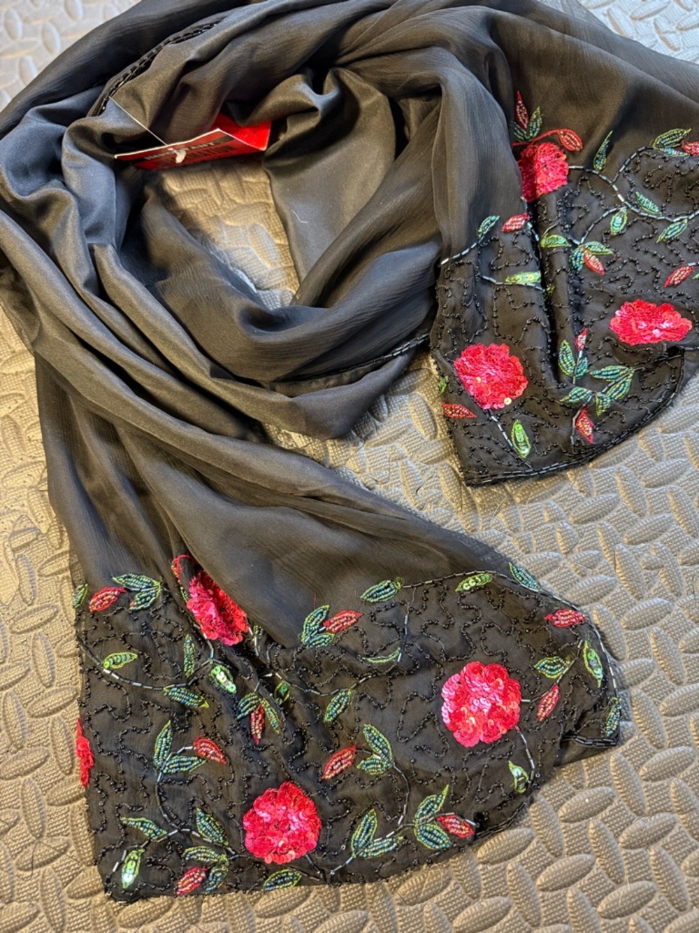 Vintage Styleworks Black Silk Scarf With Intricate Floral Beadwork New 20x76in